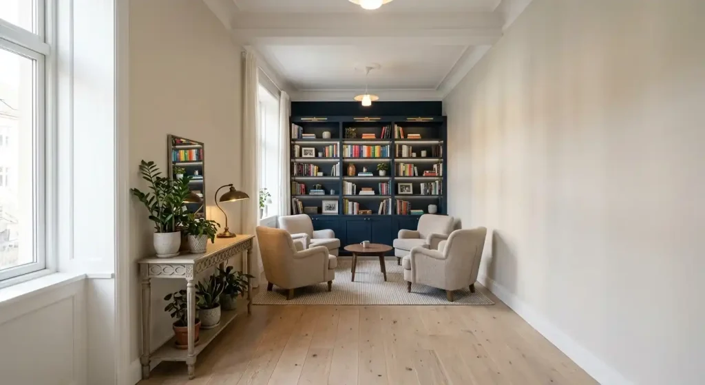 Long narrow living room with light neutral tones on the long walls and a deeper accent color on the short end wall