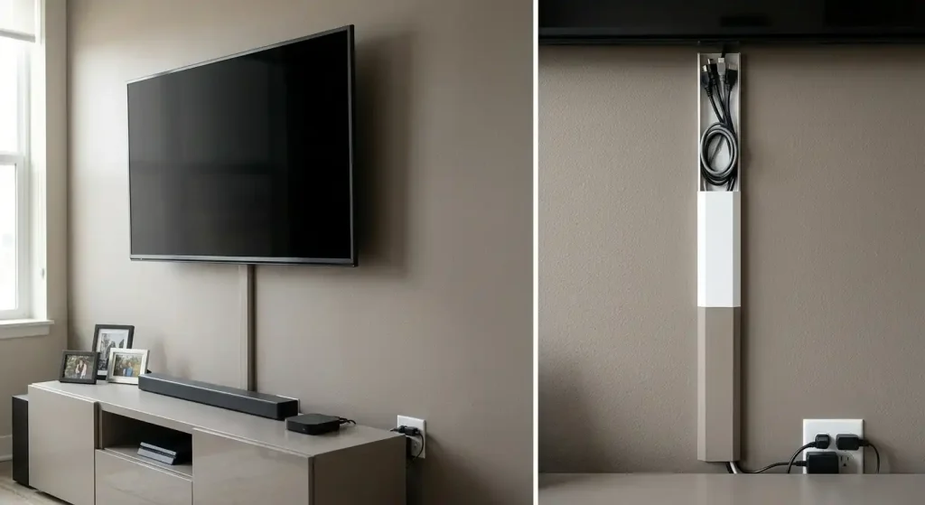 Paintable cable raceway hiding TV wires on a living room wall