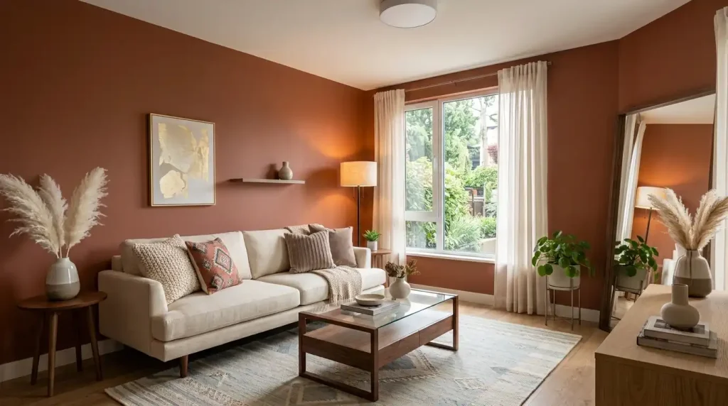 Large leaning mirror used as a focal point in a rental living room
