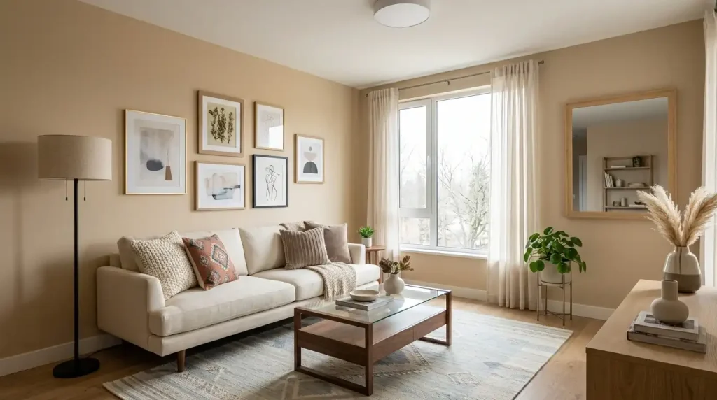 Lightweight gallery wall above a sofa in a rental living room