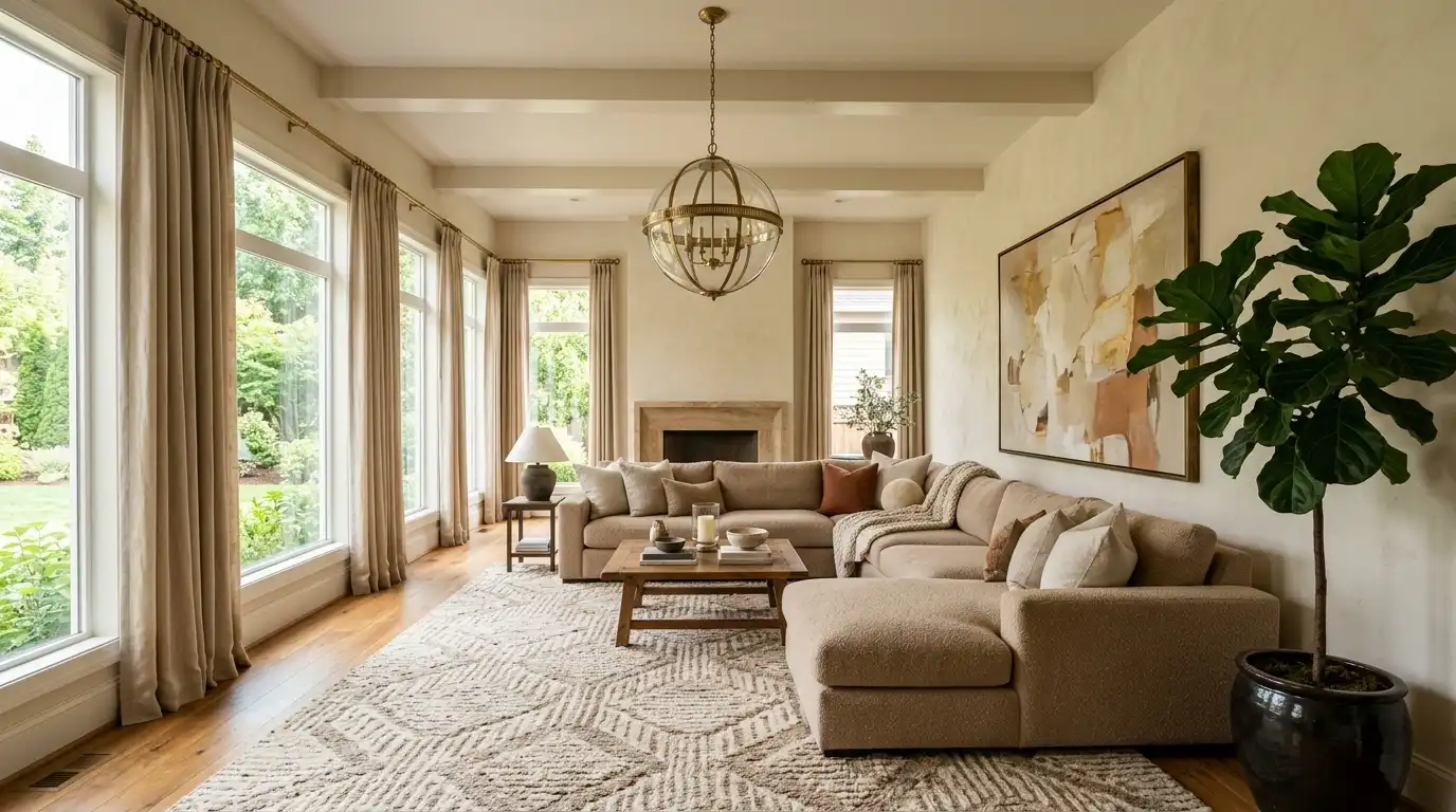 How to decorate a room with high ceilings using tall curtains, layered lighting, and a large rug