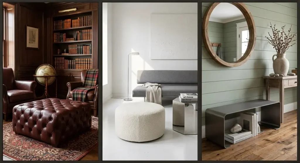 Ottoman and bench styles for traditional, modern, and farmhouse living rooms