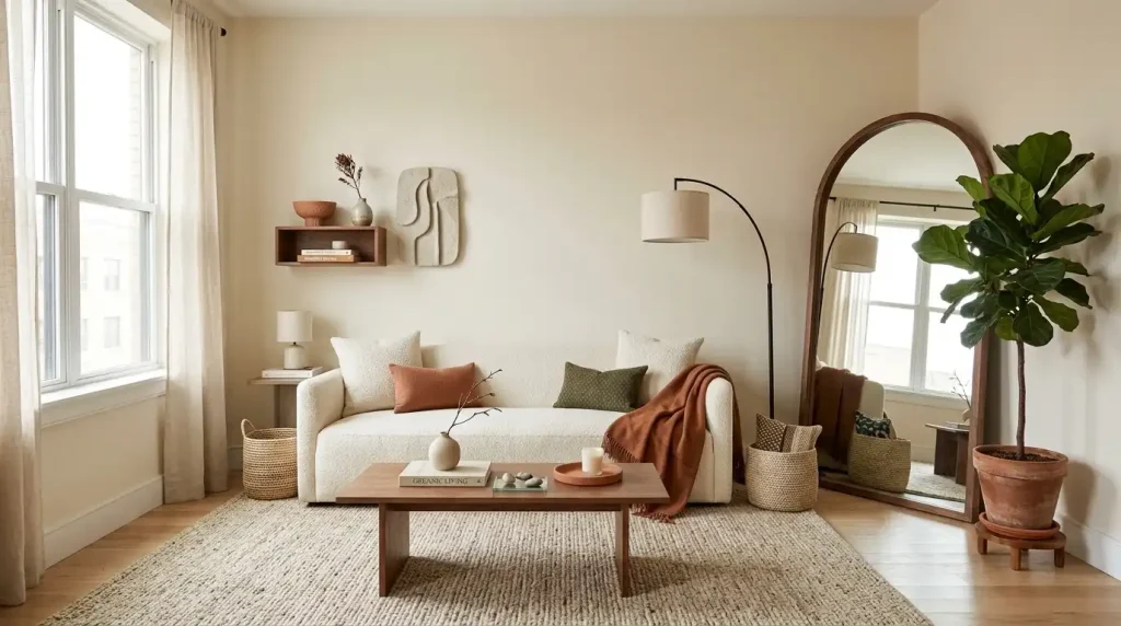 Small rental living room styled with fewer larger decor elements