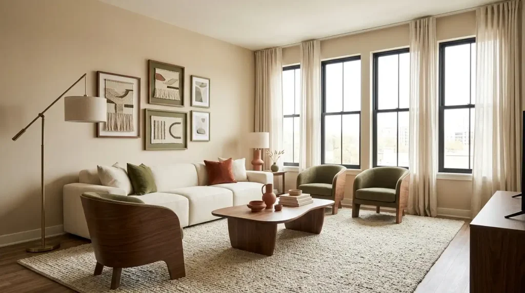 Renter-friendly living room layered with rug curtains seating lighting and decor