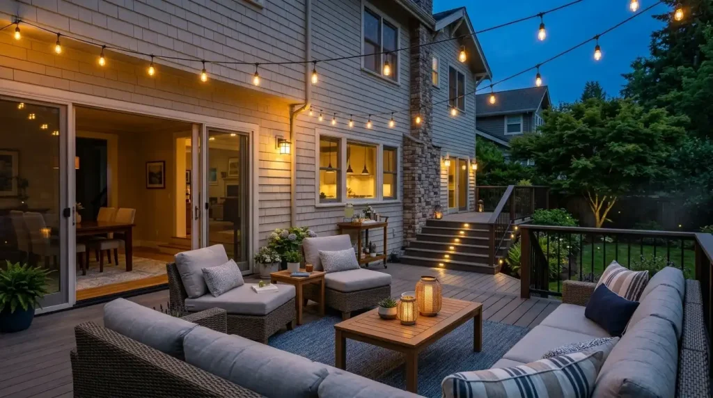 Layered outdoor lighting on a deck for evening entertaining