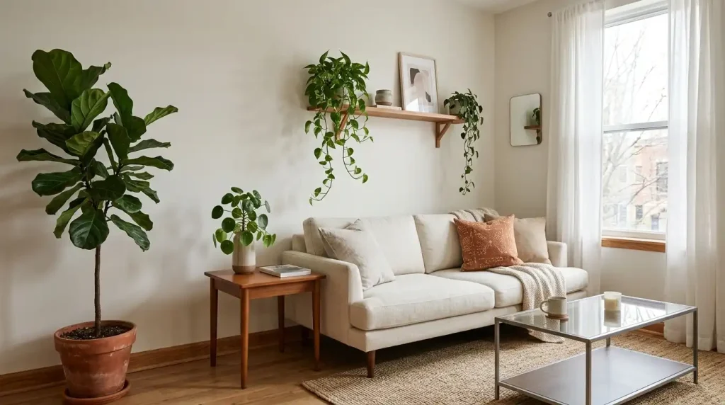 Plants at different heights filling vertical space in a rental living room