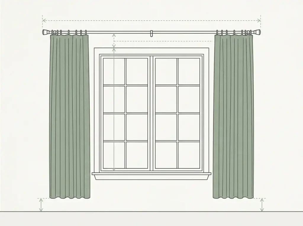 Diagram showing rod height, rod width and curtain length for living room curtains