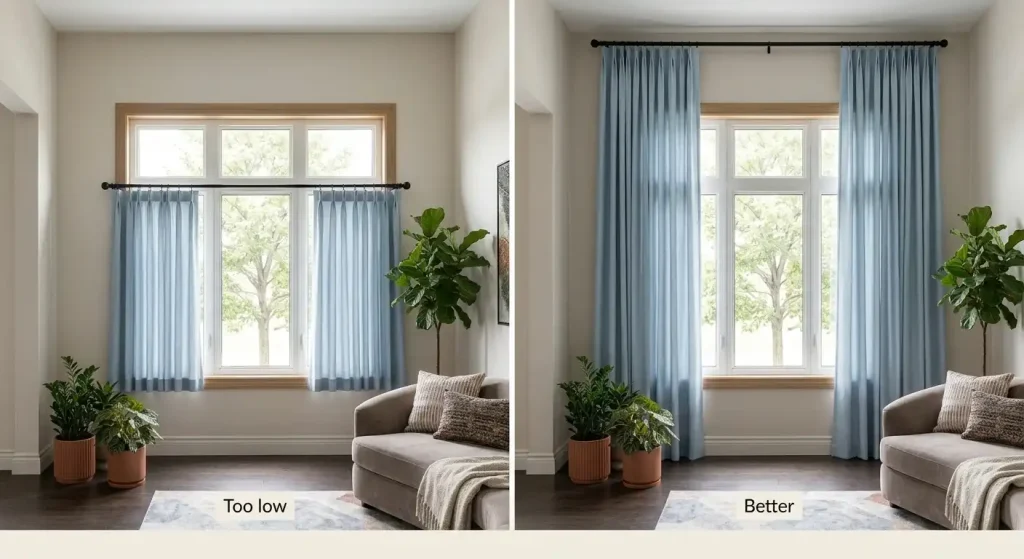 Curtains hung near the ceiling making a tall window look taller compared to curtains at the window frame