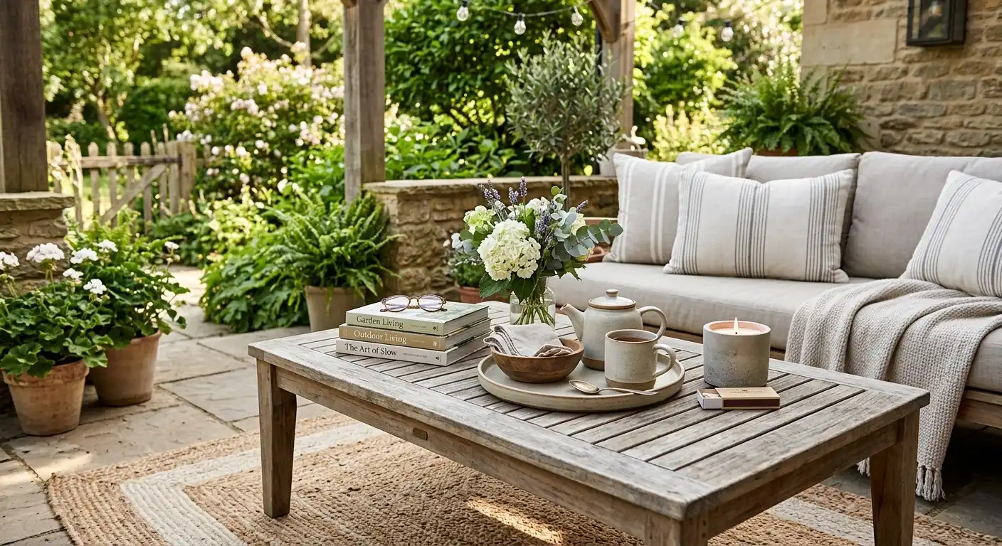 Outdoor coffee table styled with tray, lantern, and plan