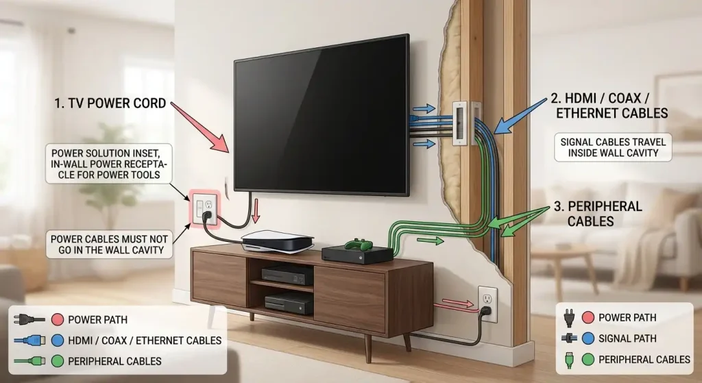 TV power and signal cables showing which wires can be routed inside a wall