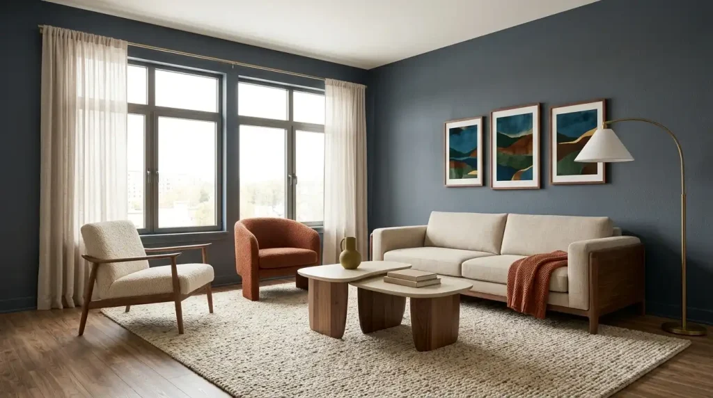 Large area rug connecting seating in a rental living room