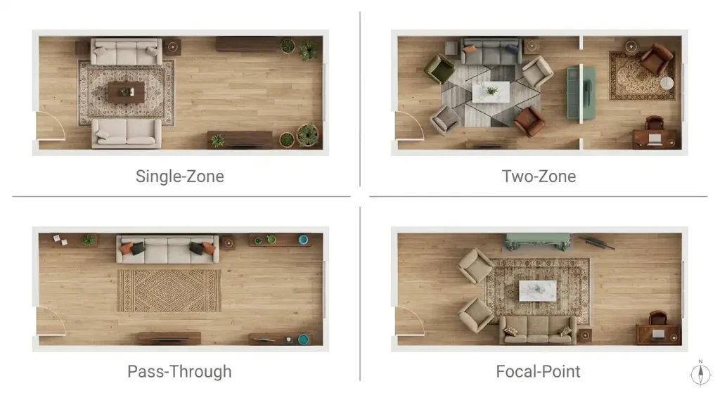 Four floor plan layout options for a long narrow living room including single-zone, two-zone, pass-through, and focal-point layouts