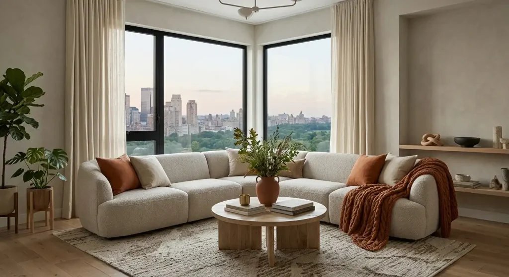 Seasonal color combined with natural textures in a neutral room