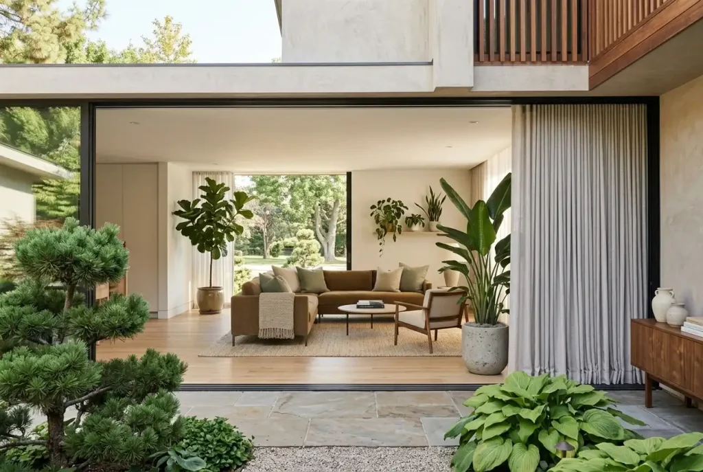 Ceiling-track curtain stacked to one side of a sliding glass door in a living room