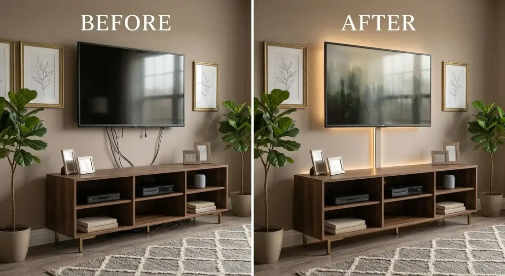 Before and after hiding TV wires on a living room wall