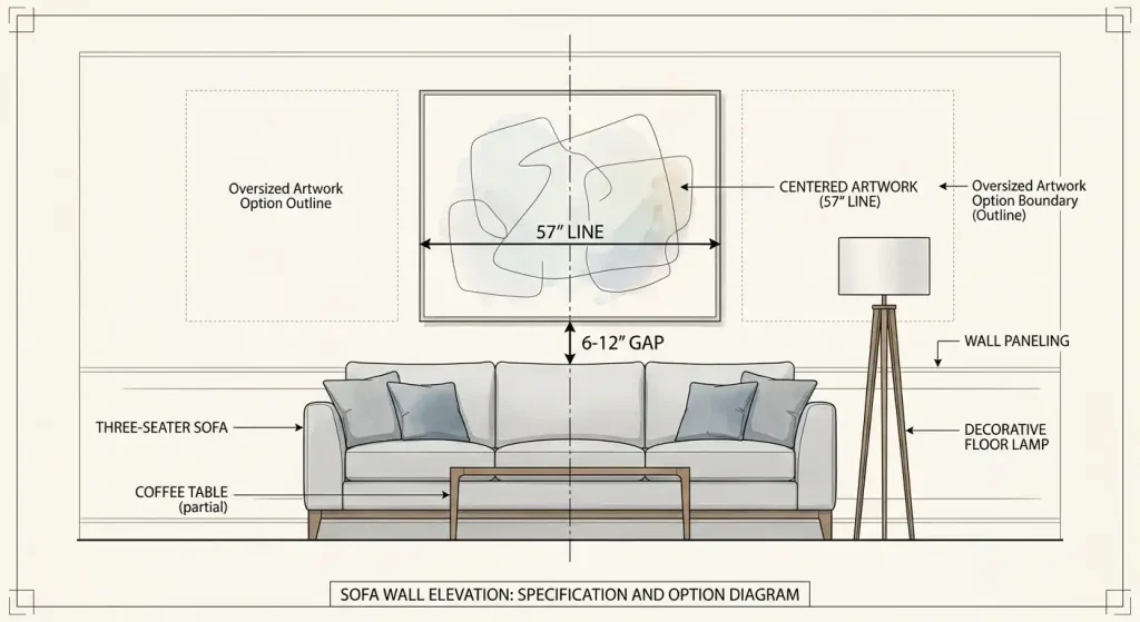 Diagram showing how high to hang art above a sofa on a tall wall in a high-ceiling room