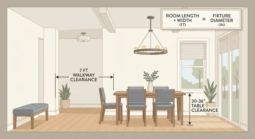 Diagram showing chandelier size and hanging height in a room with a high ceiling
