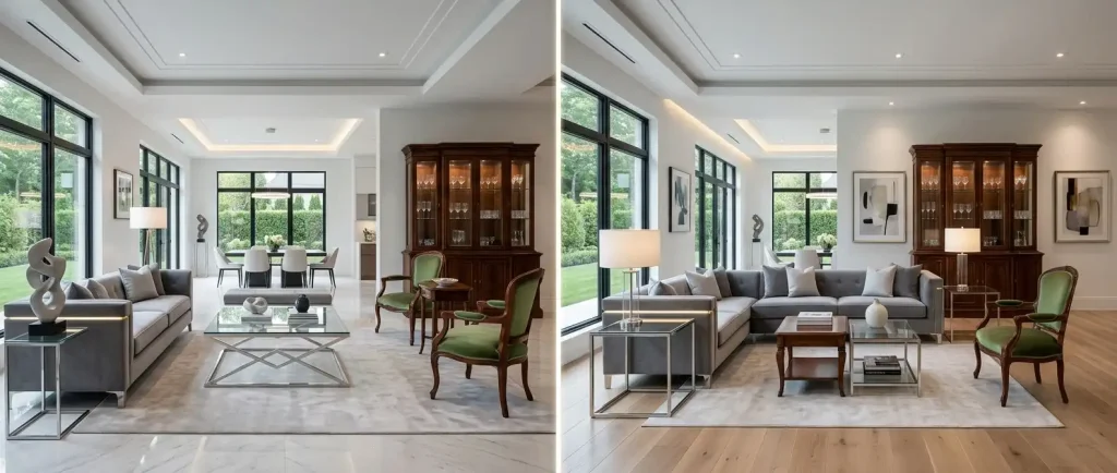 Comparison of zoned versus blended old and new furniture arrangement