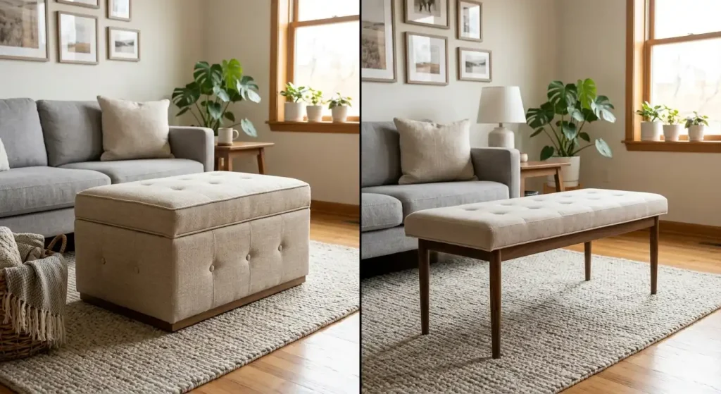 Side-by-side comparison of a living room ottoman and a bench