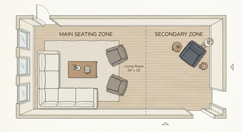 Floor plan showing a long living room split into a main seating zone and a secondary reading zone