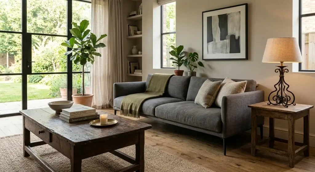 Modern sofa paired with vintage coffee table using a repeated black metal finish