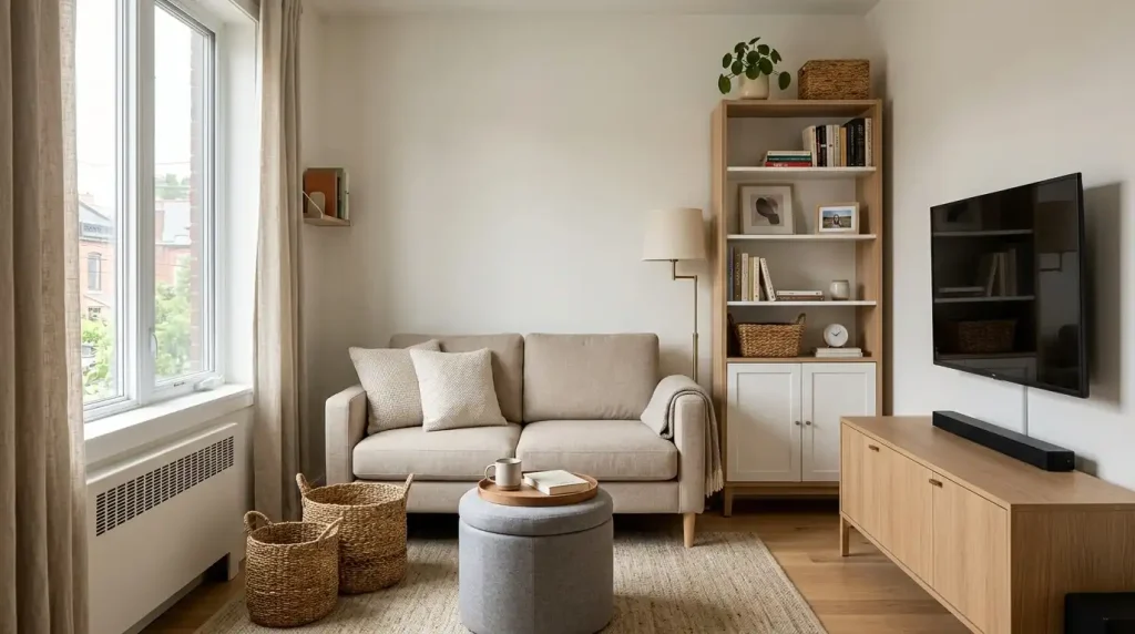 Organized small apartment living room with intentional storage