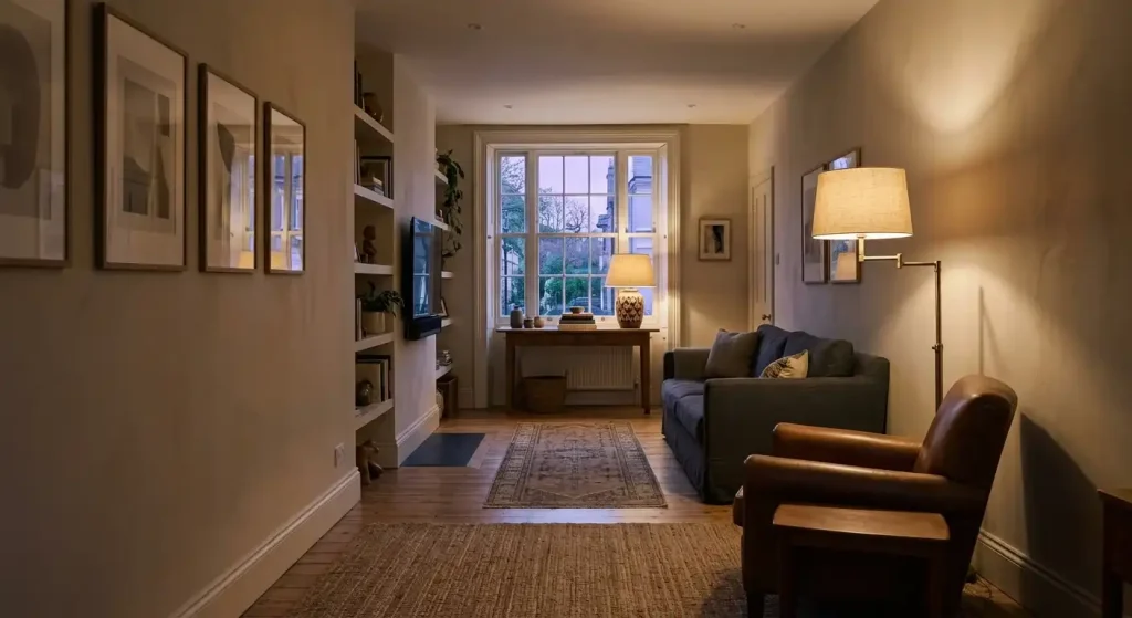 Long living room lit with two separate lighting zones instead of one centered ceiling fixture