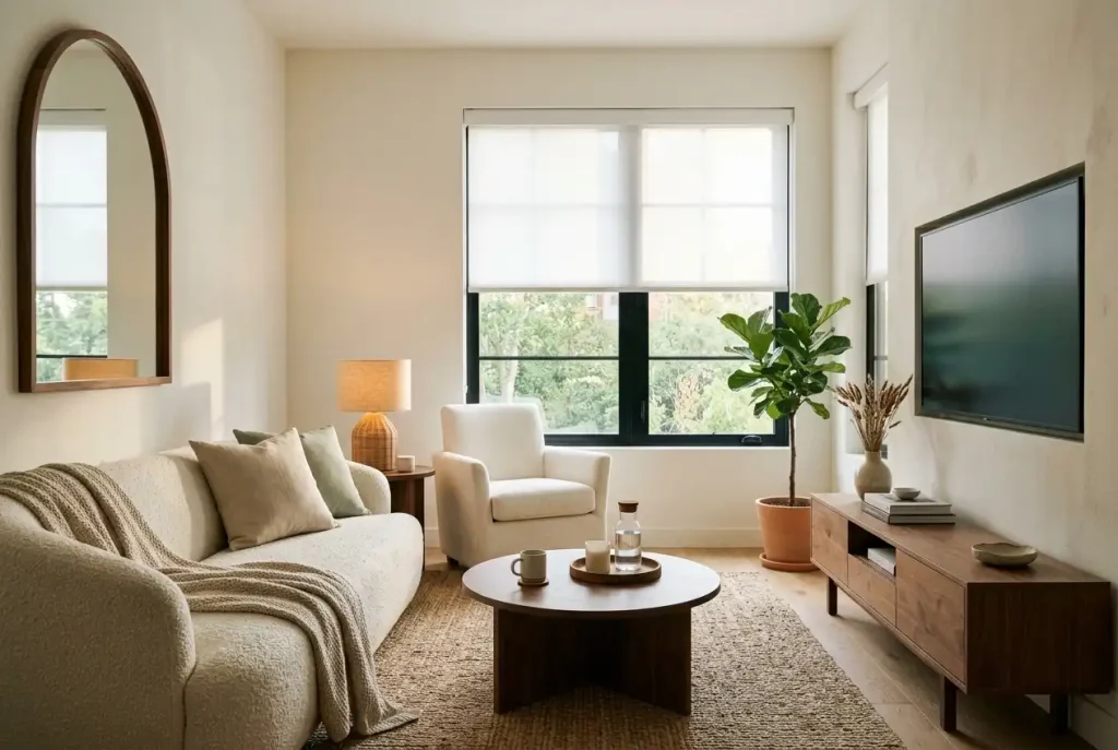 Light-filtering shade lowered halfway to reduce sun glare on a living room TV