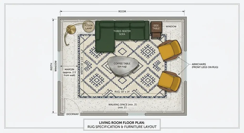 Floor plan showing a large rug under living room seating in a high-ceiling room