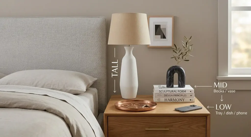 Tall mid and low layers used to style a bedroom nightstand