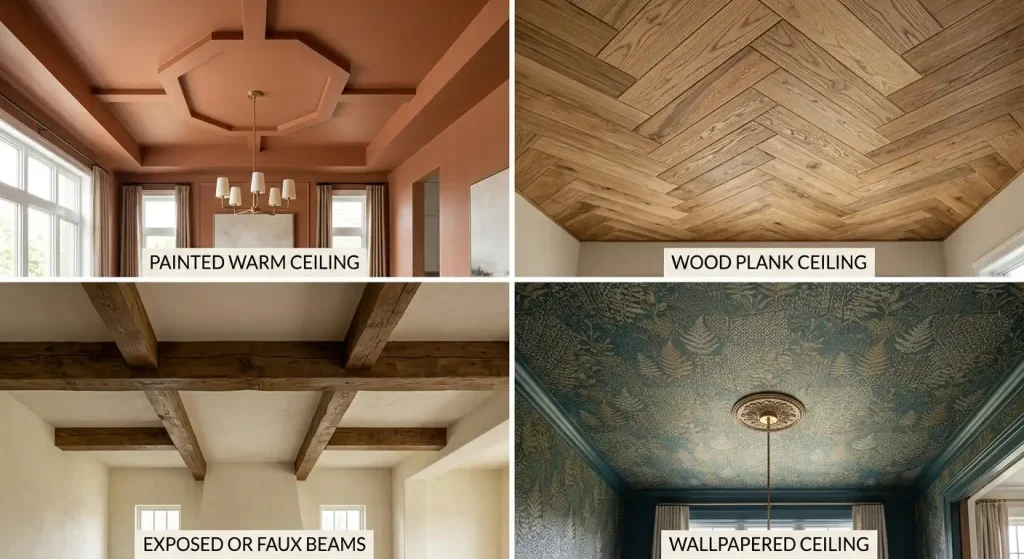 Ceiling treatment ideas for high ceilings including paint, wood planks, beams, and wallpaper