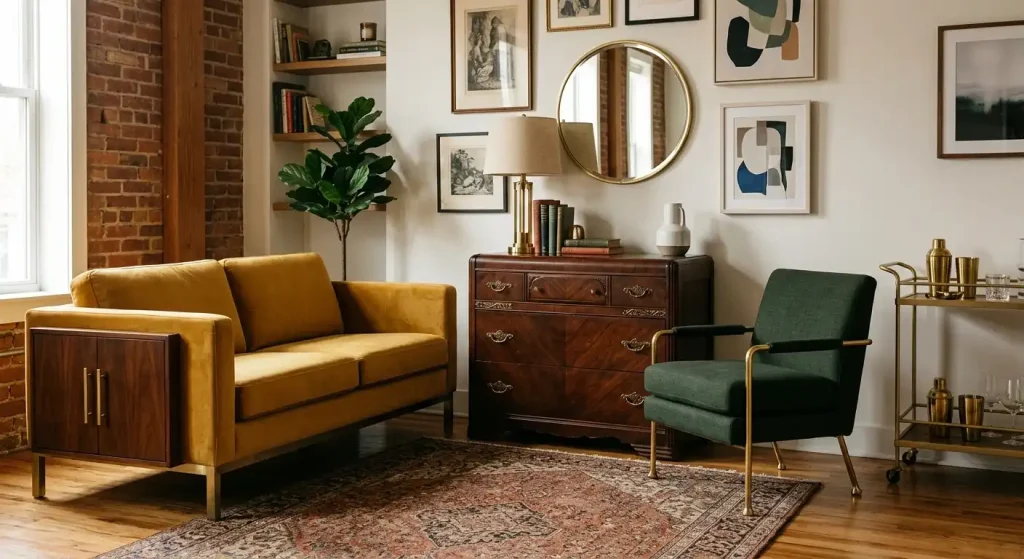 Vintage and modern furniture pieces connected by matching brass hardware