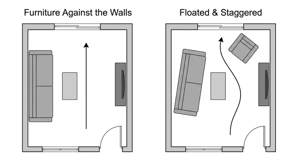 Comparison of a sofa lined against the wall versus a sofa floated with an angled staggered arrangement