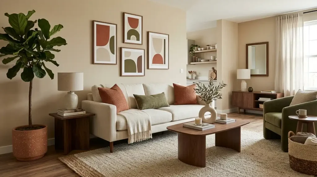 Cream terracotta olive and walnut color palette in a rental living room