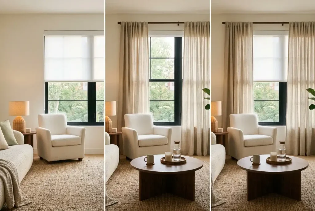 Living room window shown with a shade only, curtains only, and both layered together