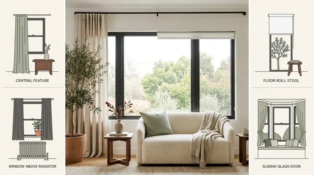 Guide matching six living room window types with the best curtain or blind option