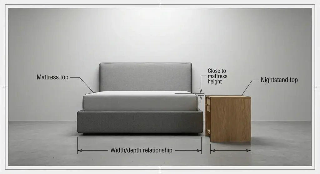 Nightstand height compared with mattress height in a bedroom