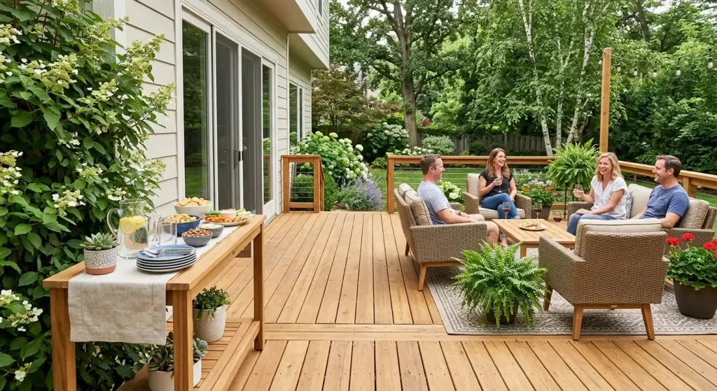 Dedicated food and drink serving area on a deck for entertaining