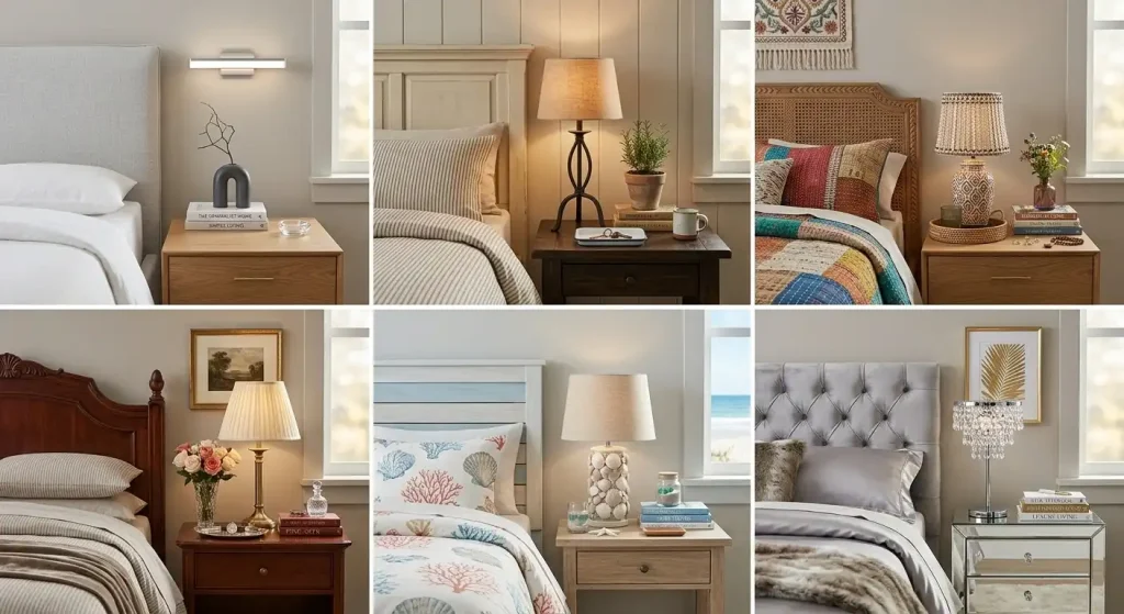 Bedroom nightstand styling ideas for modern farmhouse boho traditional coastal and glam styles