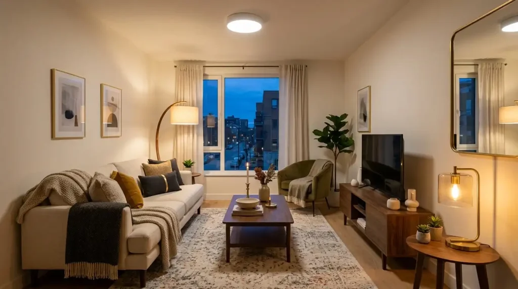 Layered floor and table lighting in a rental living room