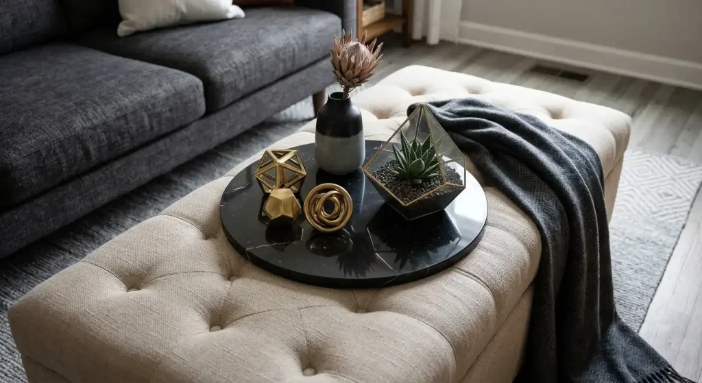 Styled ottoman top with tray, and decorations pieces